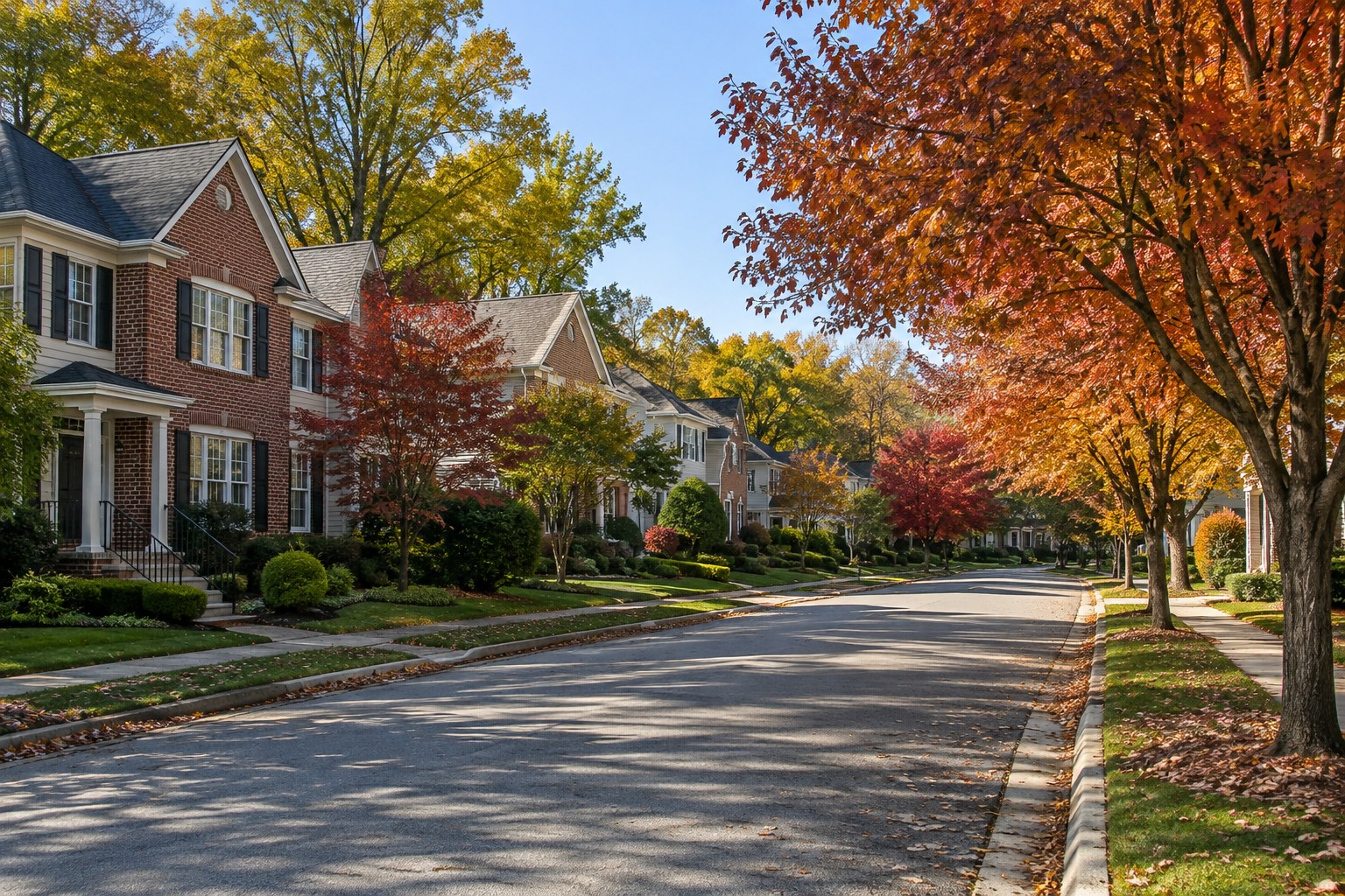 A residential street in Fredericksburg at sunset, illustrative